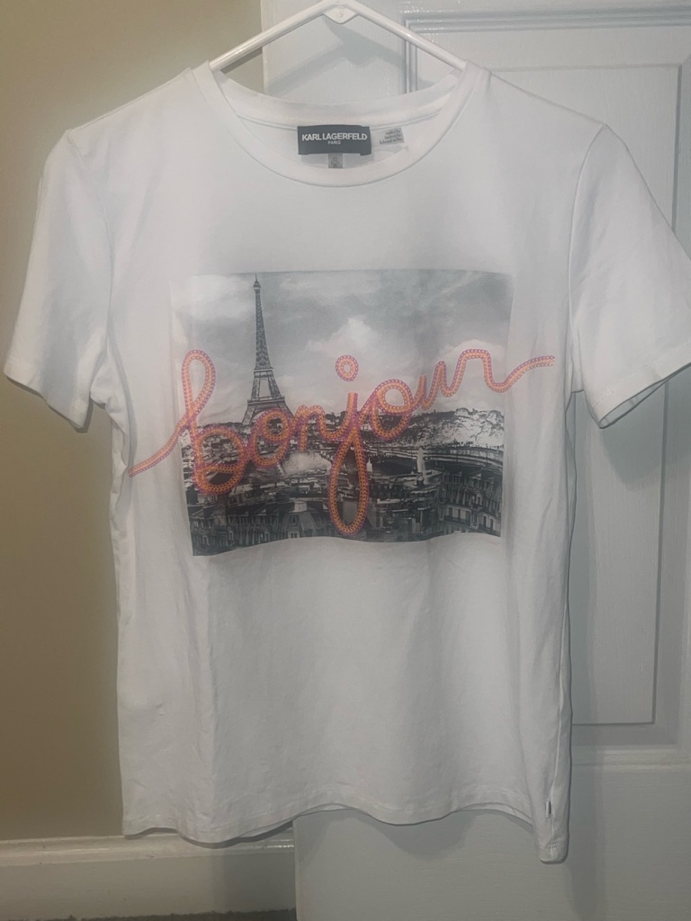 Karl Lagerfeld White Graphic 'Bonjour' Tee with Orange/Pink Script